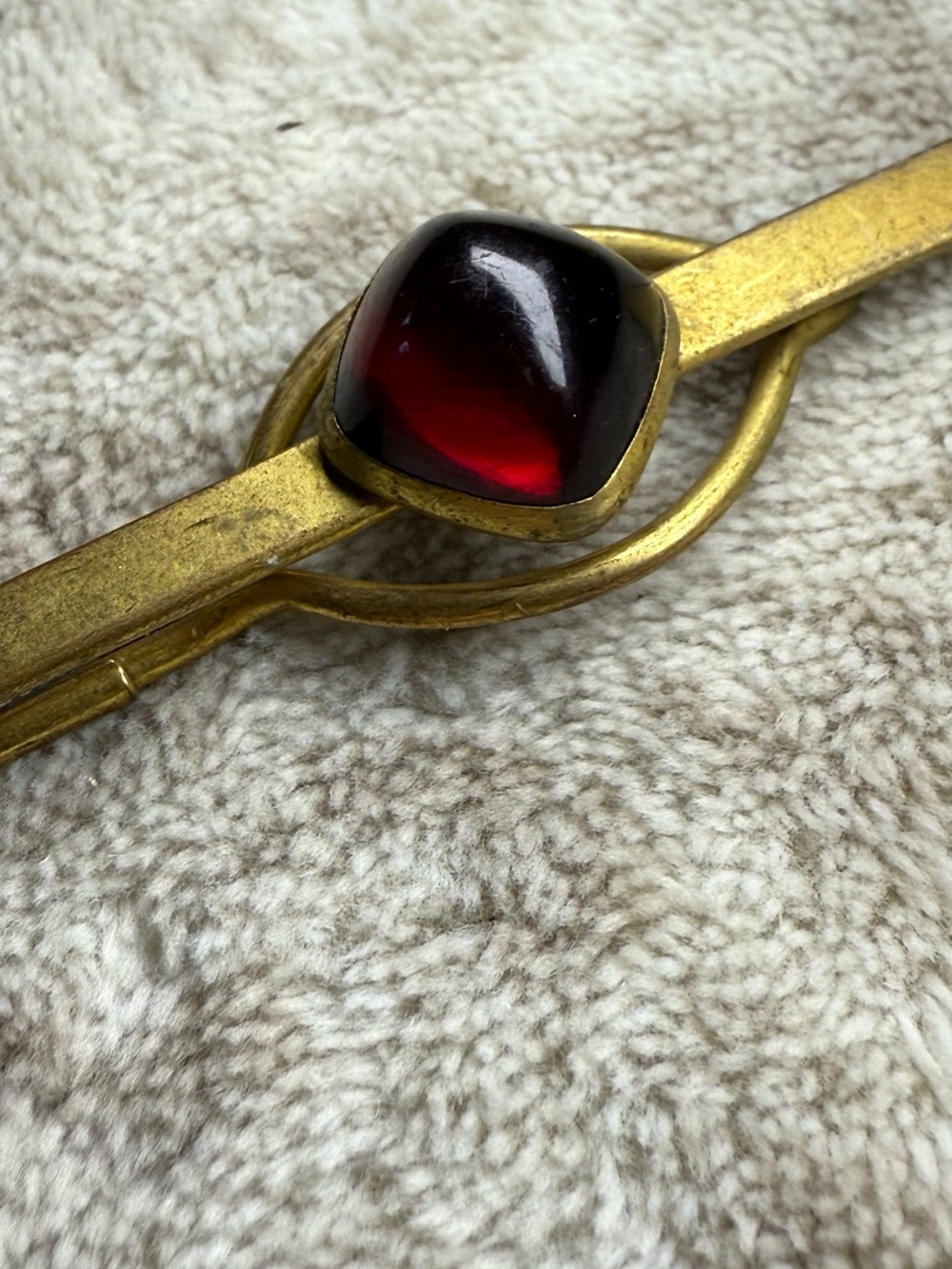 Vintage Gold Tie Bar with Deep Red Cabochon